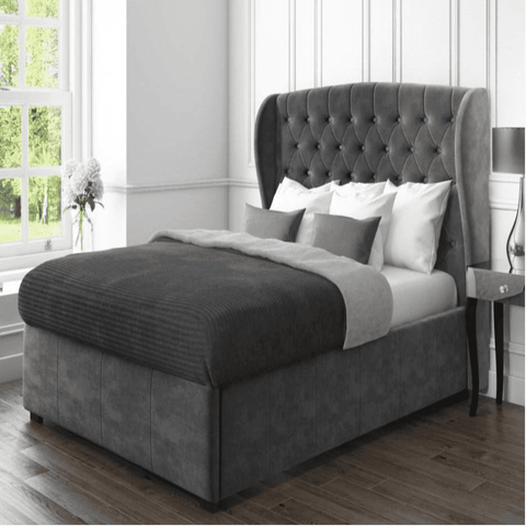 Albris Upholstered Bed With Storage In Grey Suede