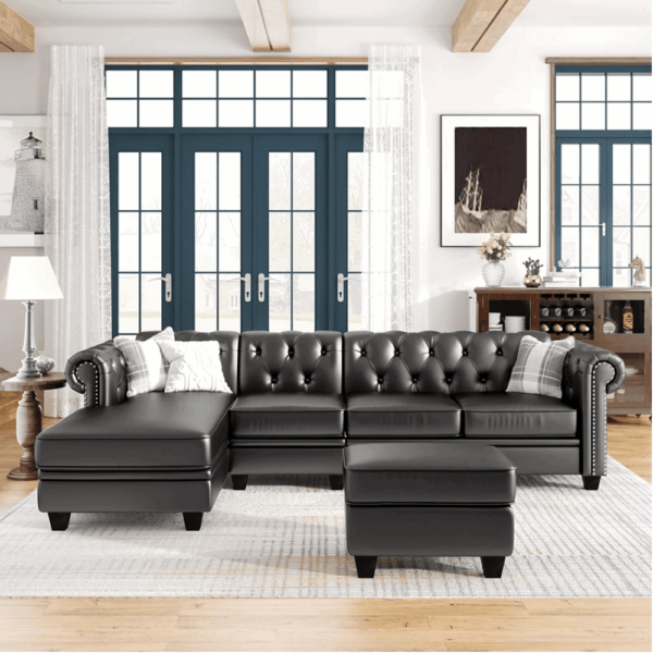 Cabar Sectional Sofa Set In Pu Leather In Black Color With Ottoman