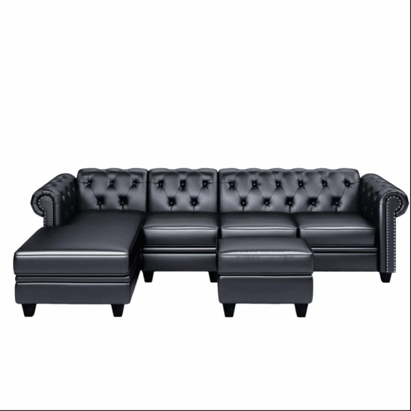 Cabar Sectional Sofa Set In Pu Leather In Black Color With Ottoman