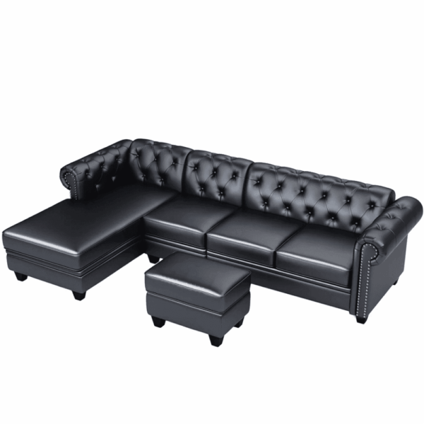 Cabar Sectional Sofa Set In Pu Leather In Black Color With Ottoman