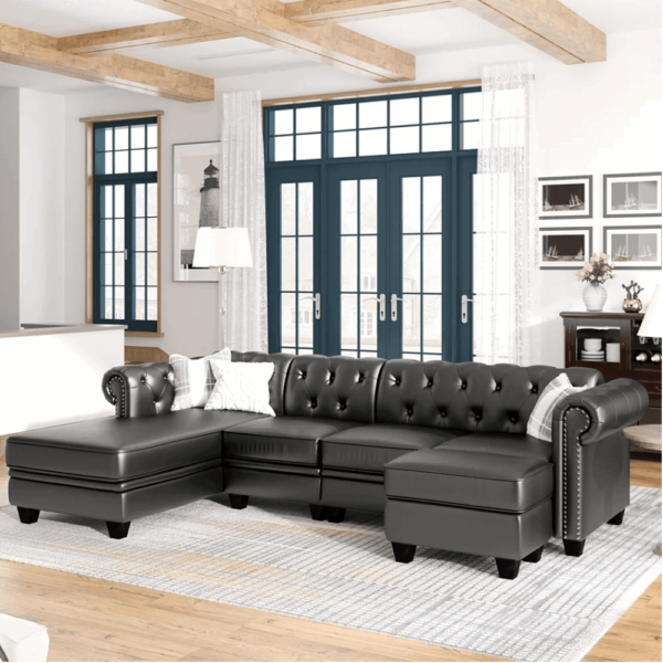 Cabar Sectional Sofa Set In Pu Leather In Black Color With Ottoman