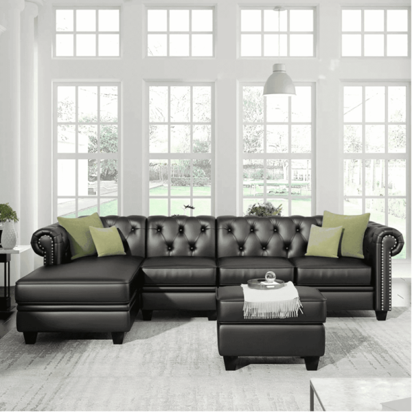 Cabar Sectional Sofa Set In Pu Leather In Black Color With Ottoman