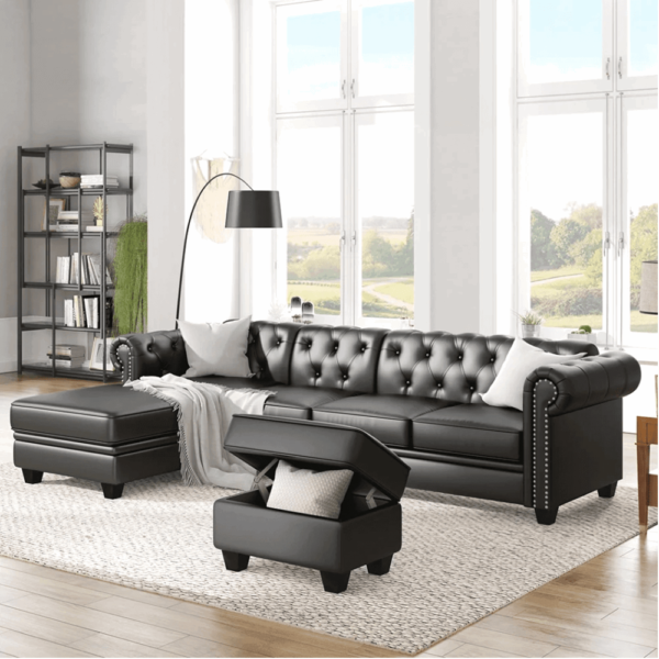 Cabar Sectional Sofa Set In Pu Leather In Black Color With Ottoman