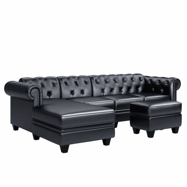 Cabar Sectional Sofa Set In Pu Leather In Black Color With Ottoman