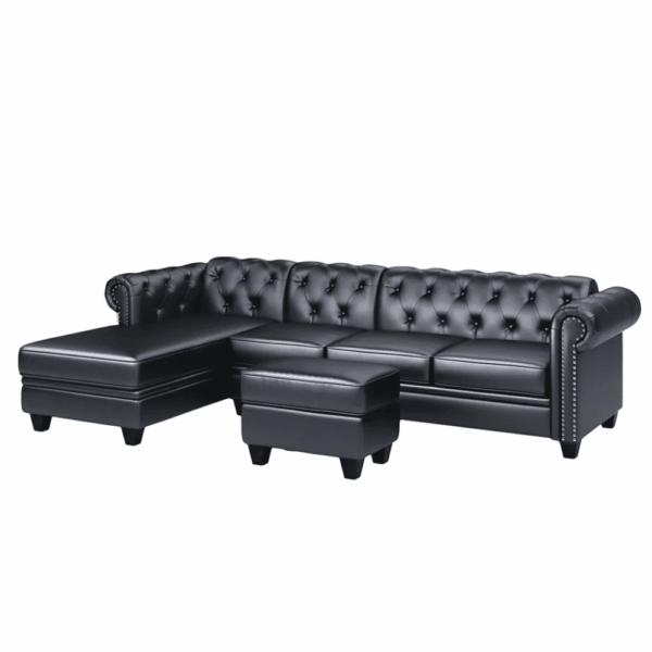 Cabar Sectional Sofa Set In Pu Leather In Black Color With Ottoman