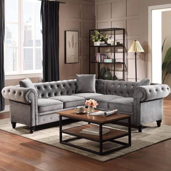 Kisper Chesterfield Sectional Sofa Set in Grey Colour - A Crown Furniture