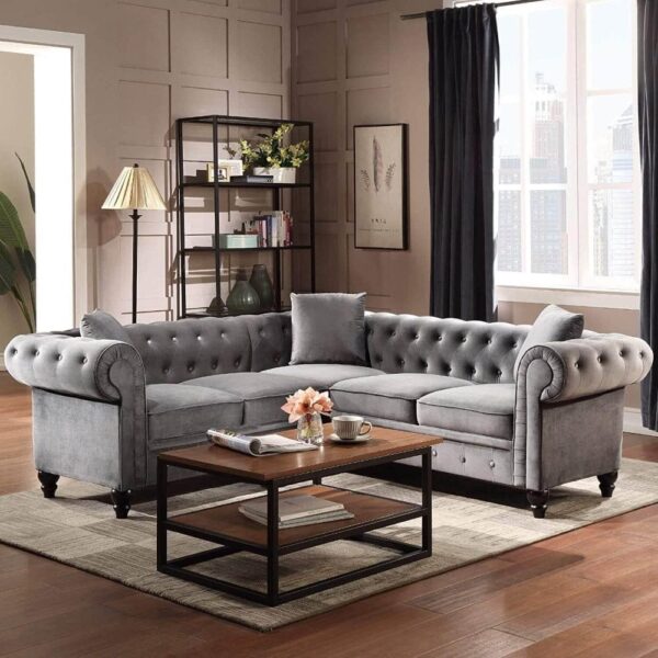 Kisper Chesterfield Sectional Sofa Set in Grey Colour - A Crown Furniture