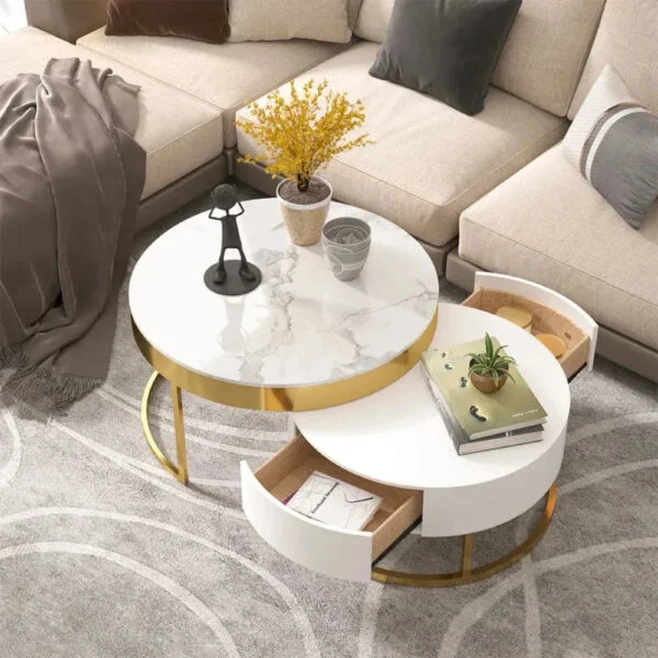 Balmhorn Round Sintered Stone Nesting Wood Coffee Table With Drawers In White - A Crown Furniture