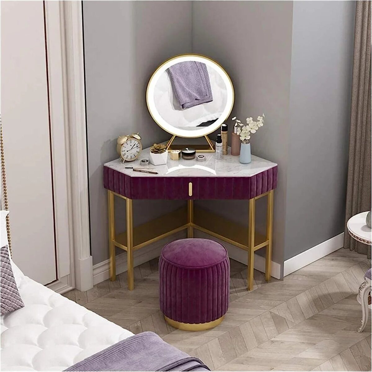 Eallair Dressing Table With Ottoman In Stainless Steel - Gold - A Crown Furniture