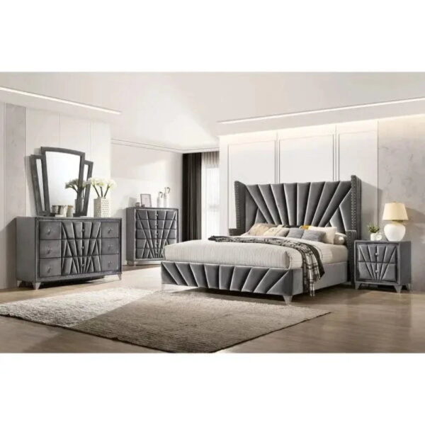 Trysail Wing Upholstered Bed With Storage In Grey Suede - A Crown Furniture