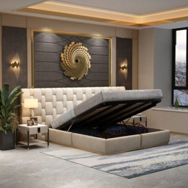 Ratline Luxury Upholstered Bed With Side Tables In Leatherette - A Crown Furniture