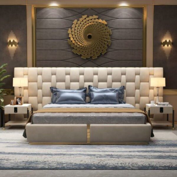 Ratline Luxury Upholstered Bed With Side Tables In Leatherette - A Crown Furniture