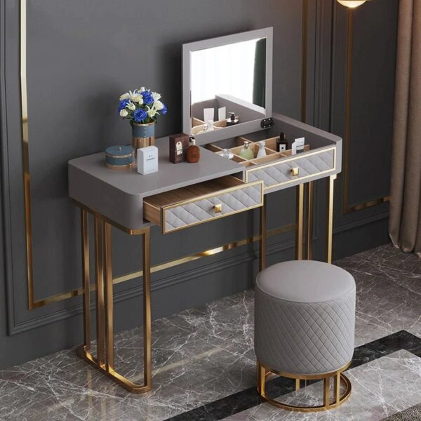 Direach Dressing Table With Ottoman In Stainless Steel - Gold - A Crown Furniture