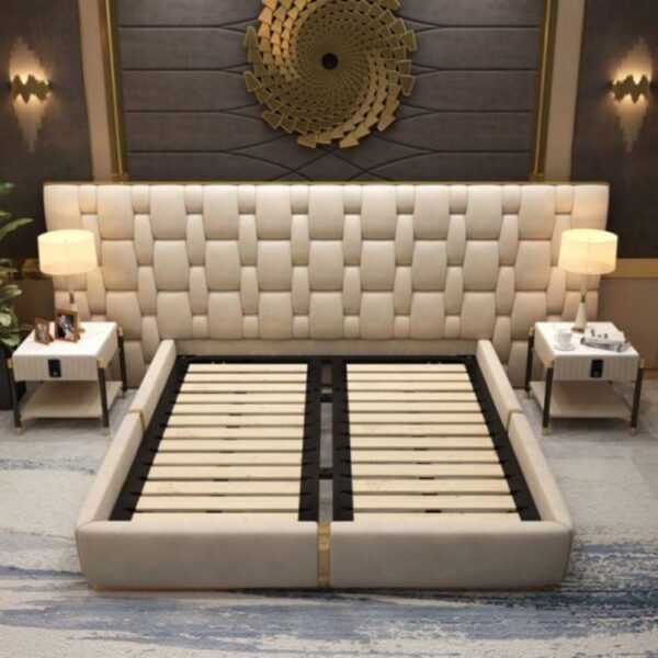 Ratline Luxury Upholstered Bed With Side Tables In Leatherette - A Crown Furniture