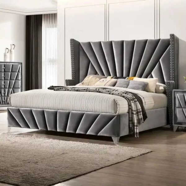 Trysail Wing Upholstered Bed With Storage In Grey Suede - A Crown Furniture