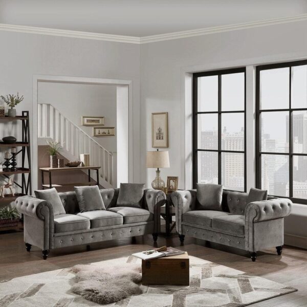 Energisk Line Chesterfield Sofa Set In Grey - A Crown Furniture