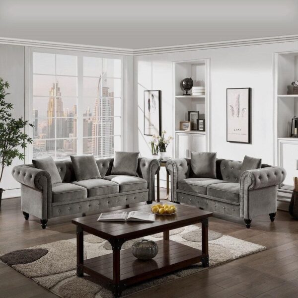 Energisk Line Chesterfield Sofa Set In Grey - A Crown Furniture