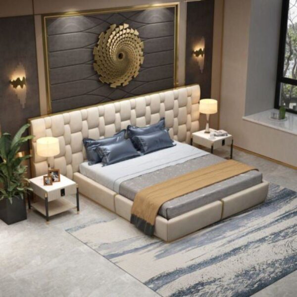 Ratline Luxury Upholstered Bed With Side Tables In Leatherette - A Crown Furniture