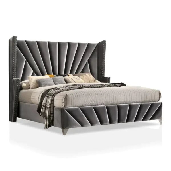 Trysail Wing Upholstered Bed With Storage In Grey Suede - A Crown Furniture